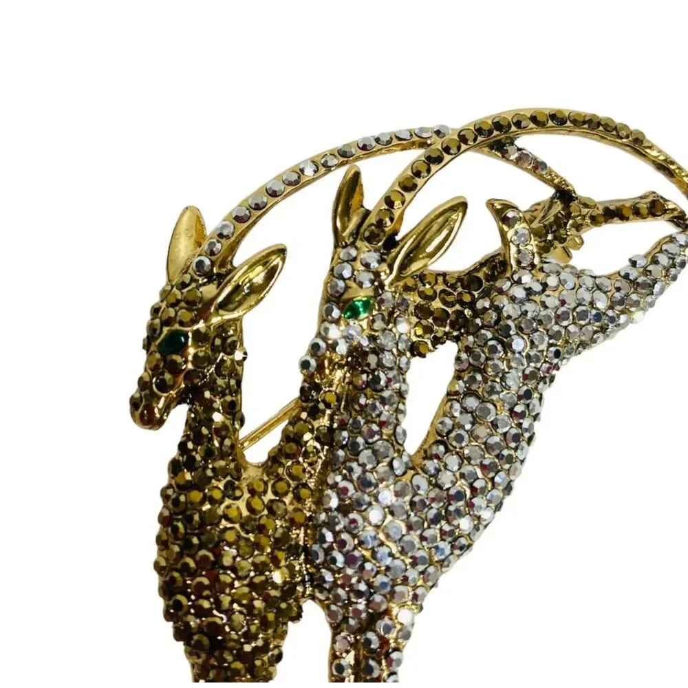 Gold‎ Silver Rhinestone Prancing Deer Brooch Pin Gold Tone Vintage